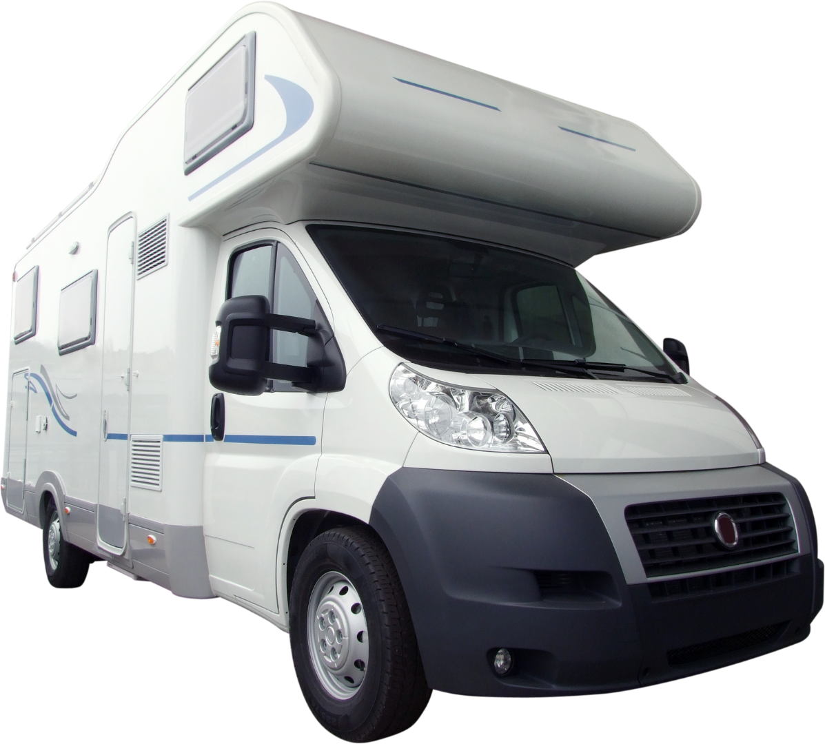 A white camper van with a blue stripe on the side