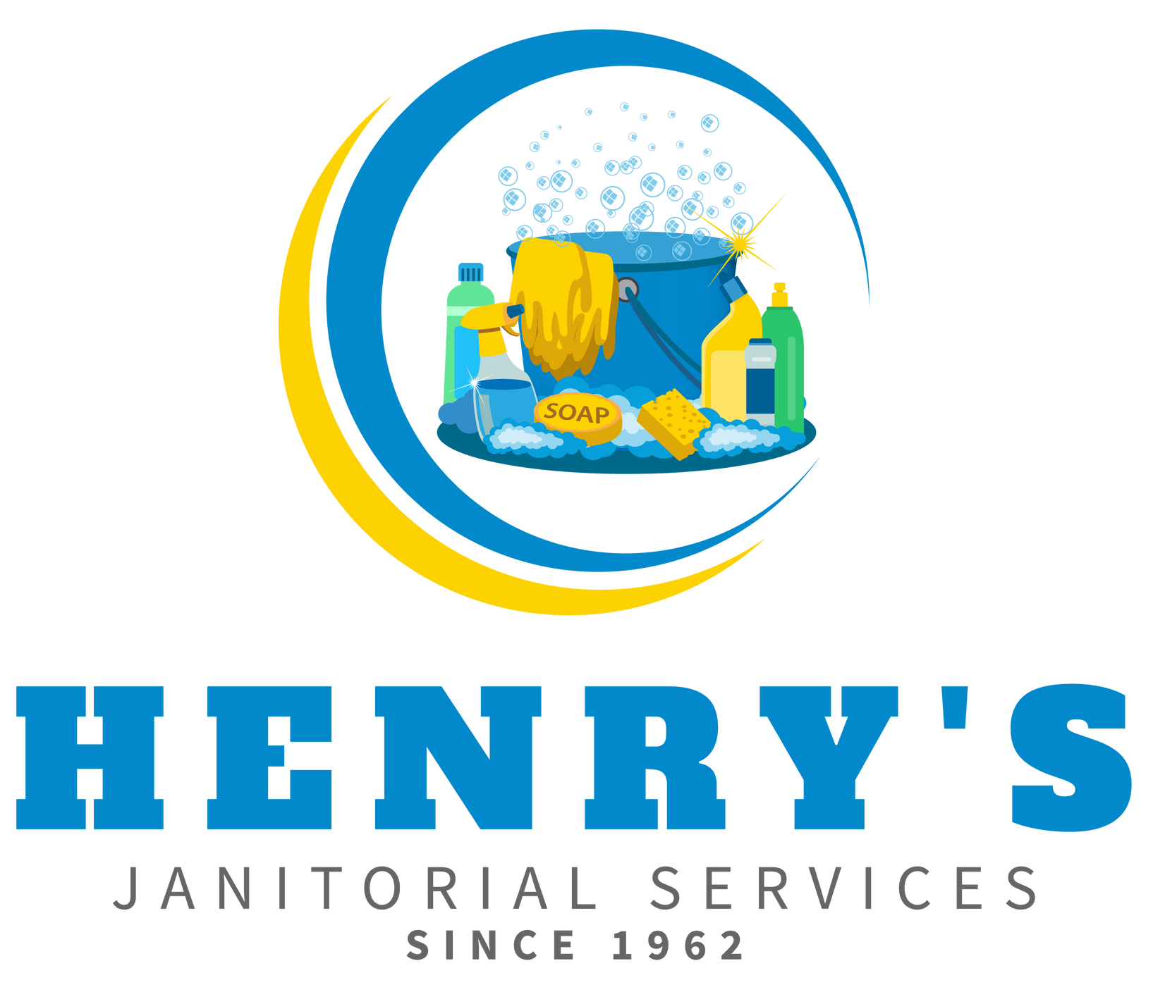 Logo for Henry's Janitorial Services. A bucket with cleaning supplies inside a blue and yellow circle, with text below.