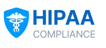 A logo for hipaa compliance with a caduceus on a blue shield