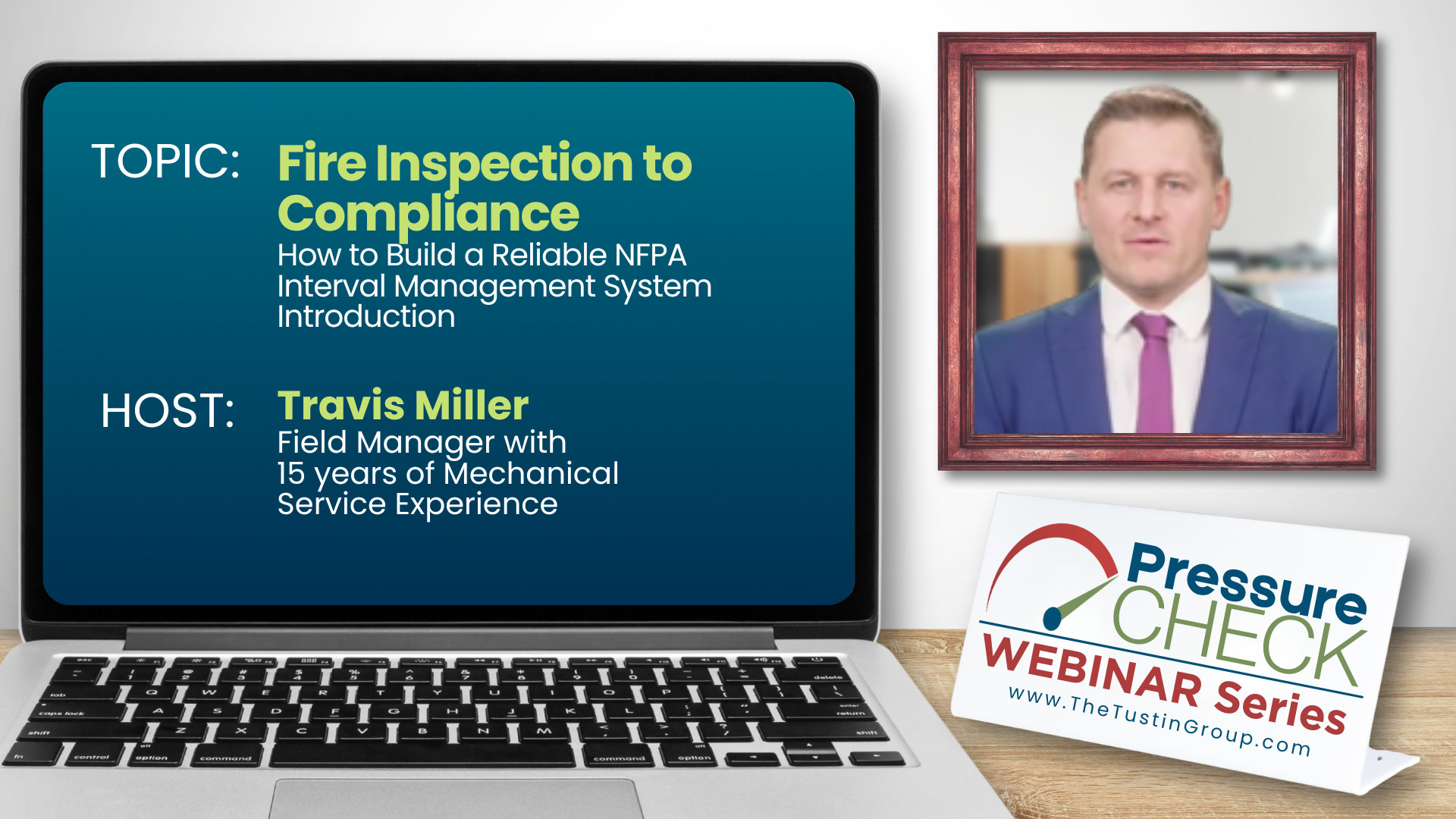 Webinar slide on fire inspection compliance with presenter Travis Miller and Pressure Check logo