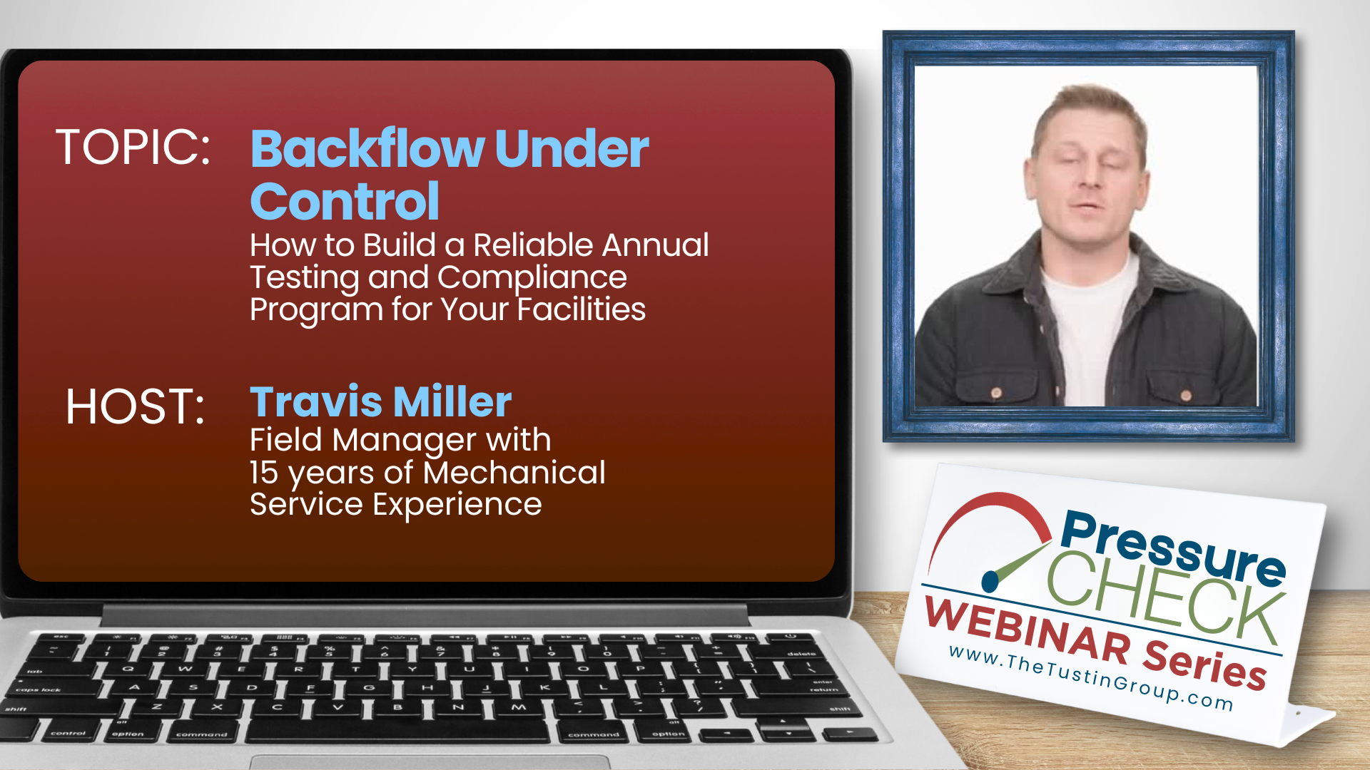 Webinar slide on backflow under control with presenter video and Pressure Check webinar series logo