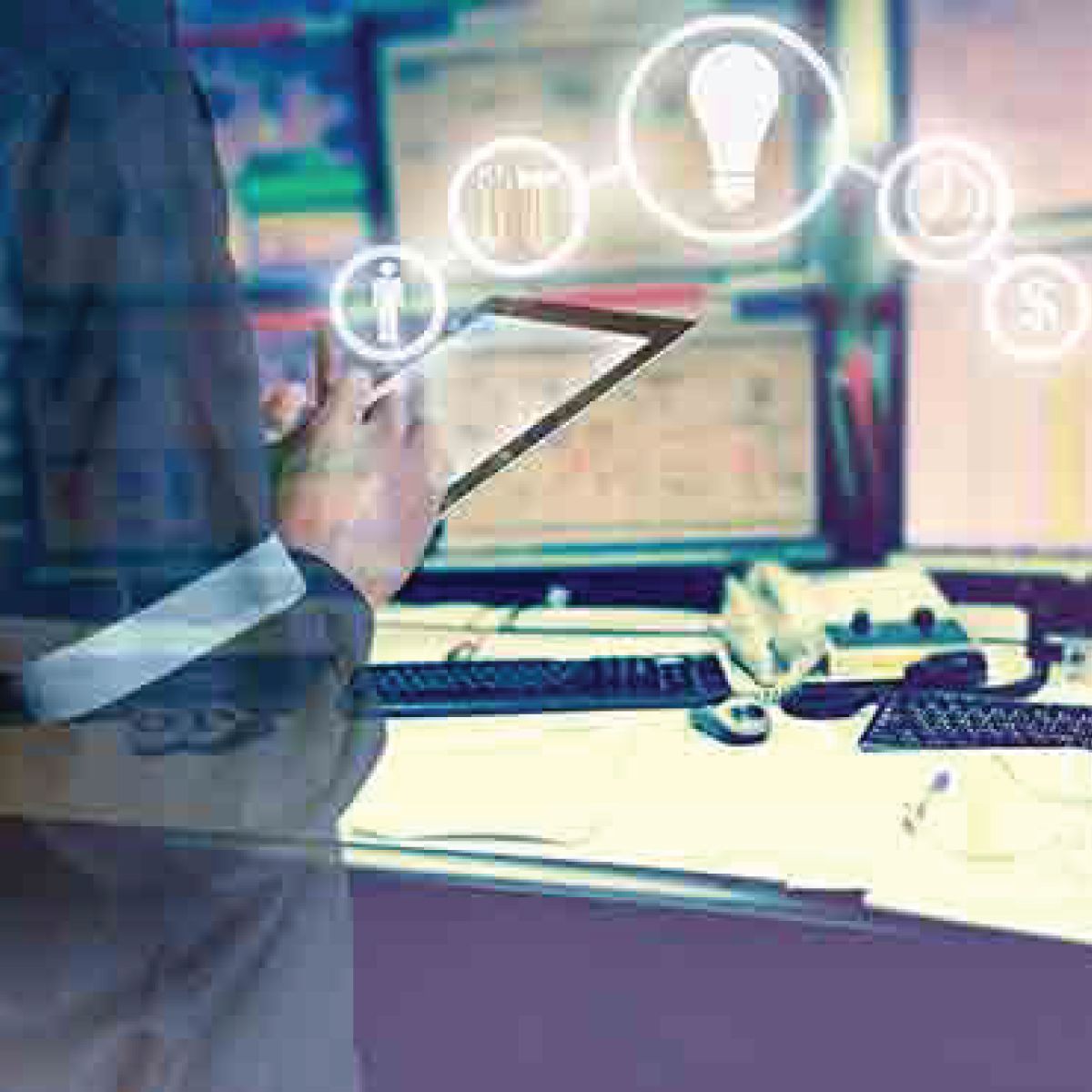 Person using tablet in office with digital icons overlay.