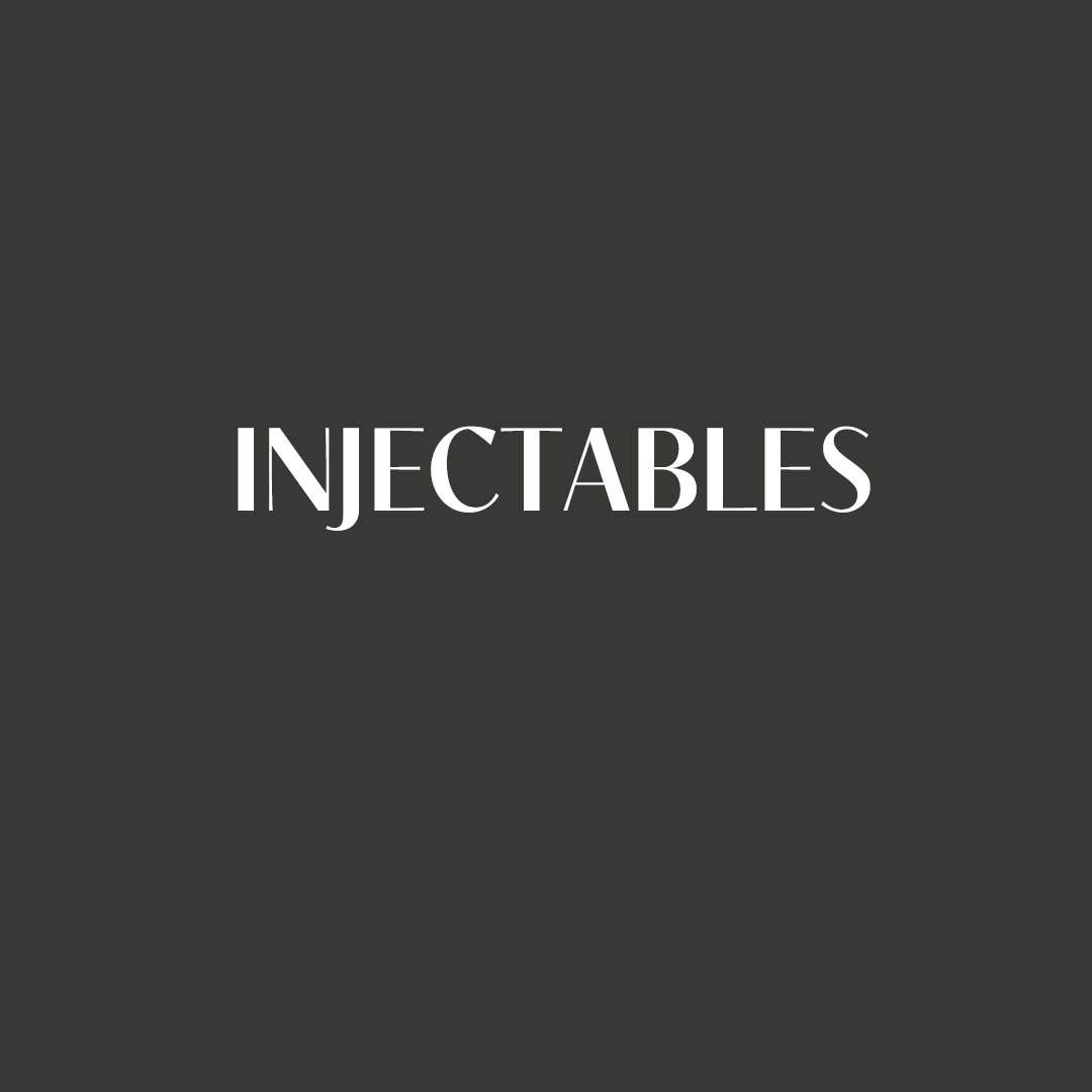 The word injectables is on a black background.