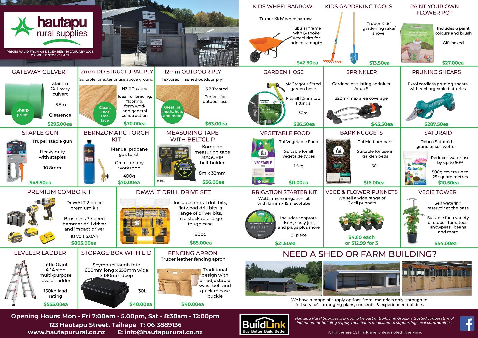 A retail flyer for Hautapu Rural Supplies featuring a grid of various hardware, gardening, and farm products with prices.