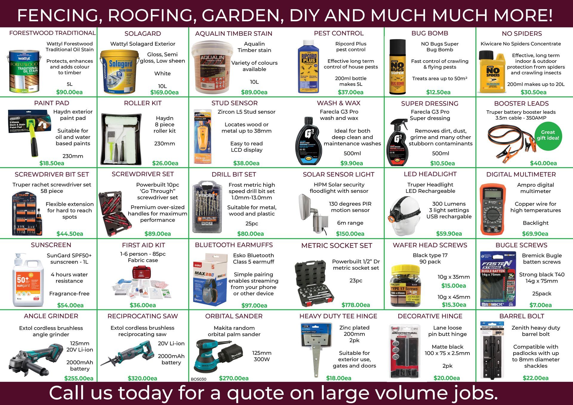 A grid of various hardware and DIY tools for sale, including paints, power tools, and accessories, with a contact banner.
