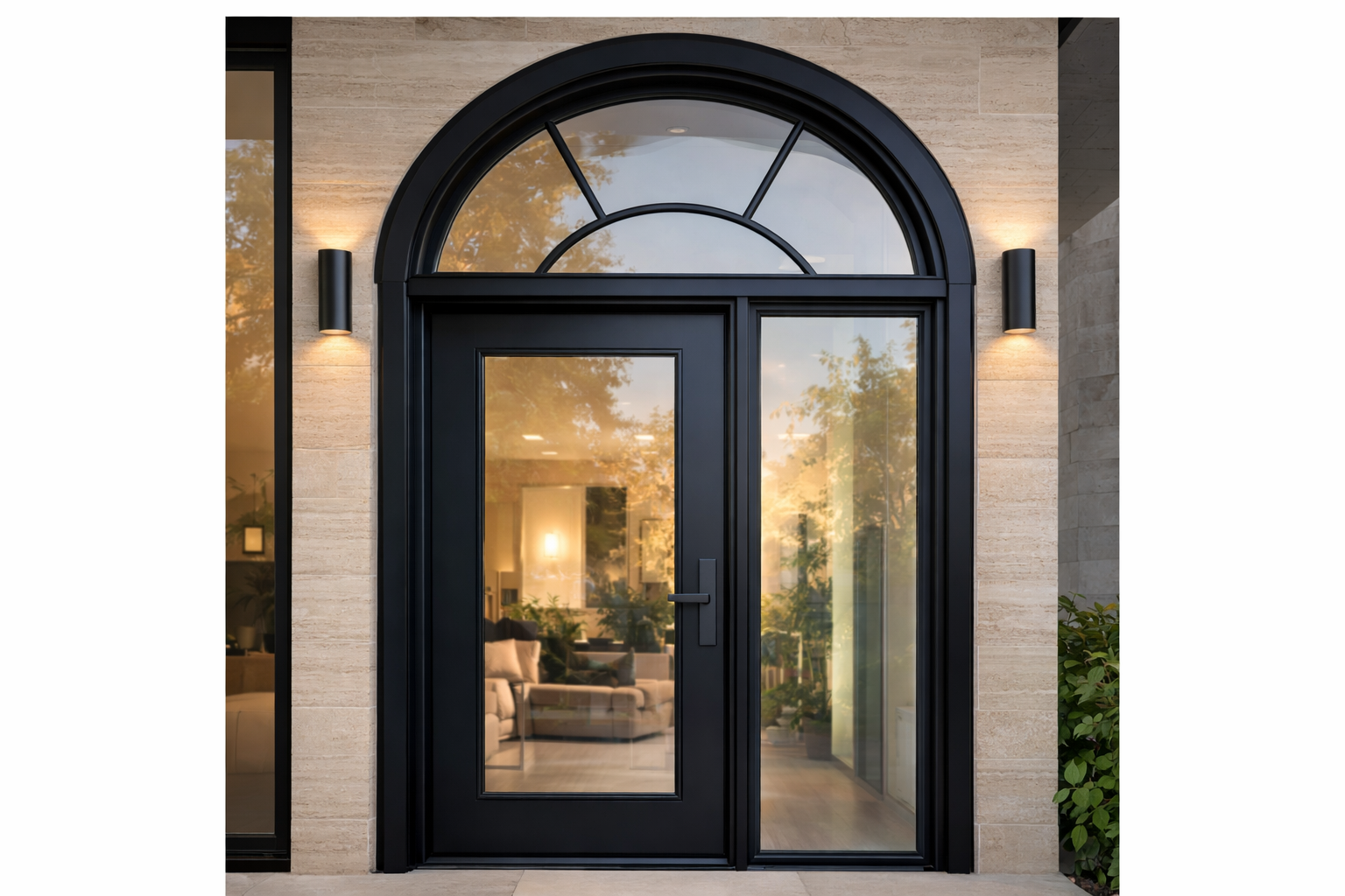 Beige front door with sidelight and arched transom, black frame.