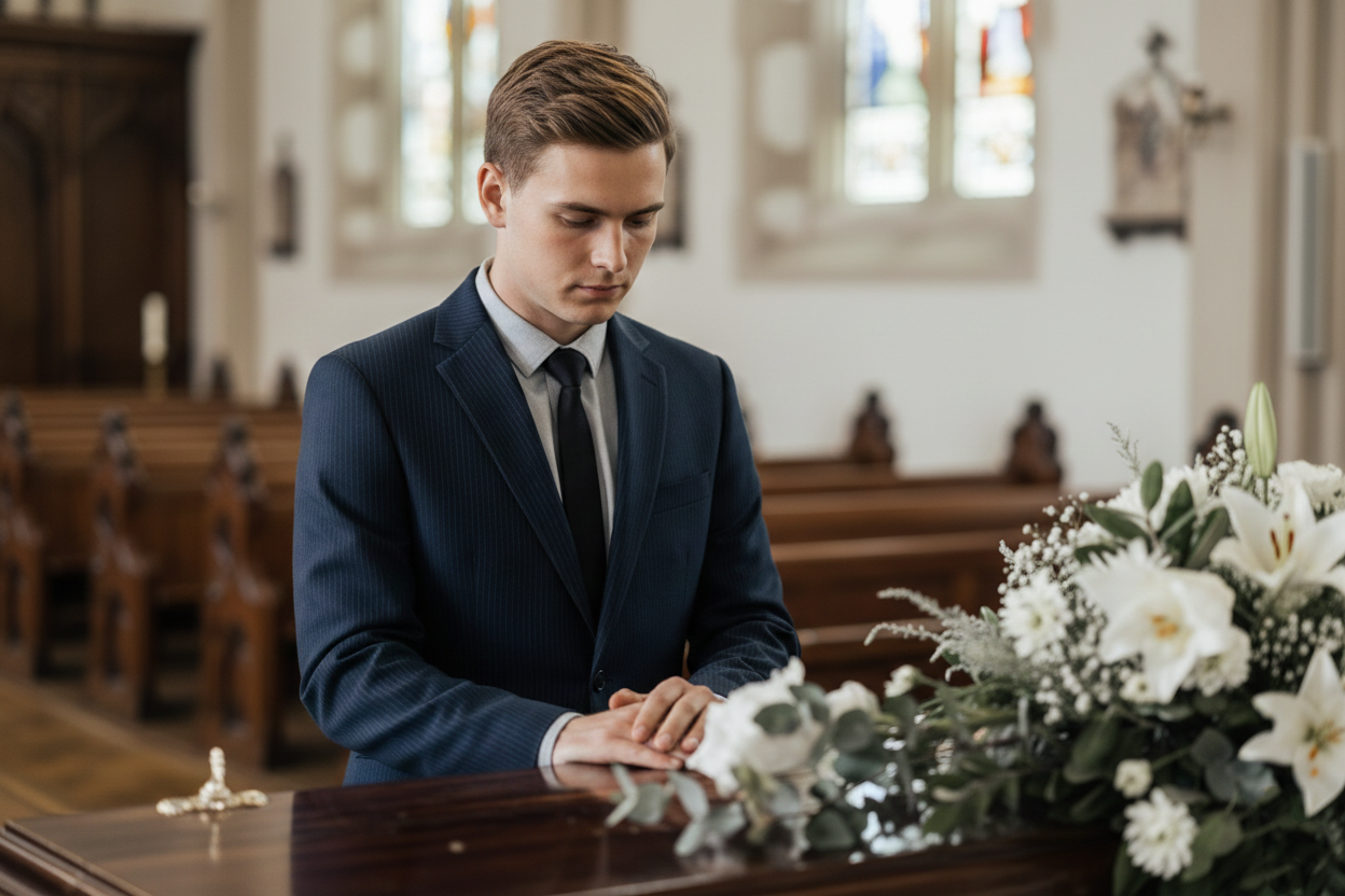 Man in a dark suit standing at a church altar beside white flowers, reading quietly