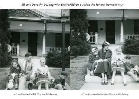 Two side-by-side photos of children sitting outside a house, with a funeral-home caption above.