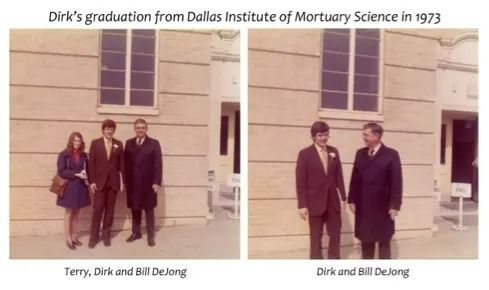 Two graduation photos outside a building, captioned Dirk's 1973 Dallas Institute of Mortuary Science graduation.