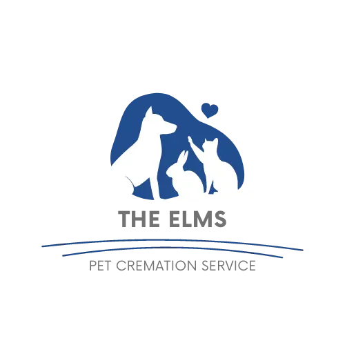 Blue logo of pets under a heart with “The Elms” and “Pet Cremation Service” text