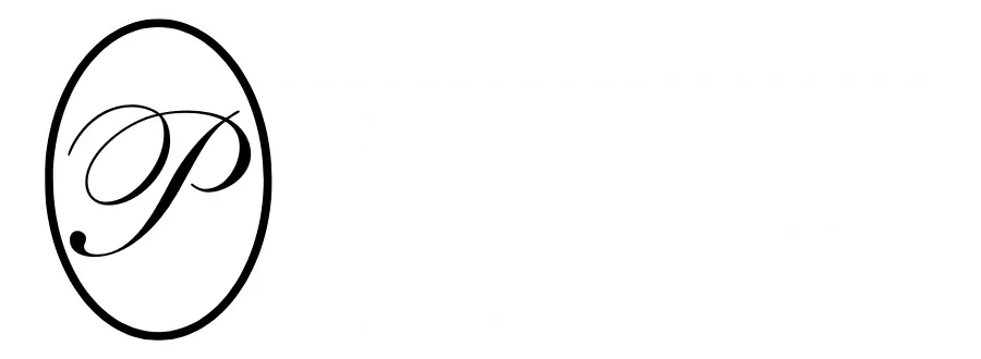 Black oval logo with a cursive letter P on a white background