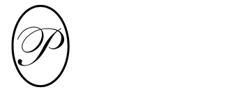 Black oval logo with a cursive letter P on a white background
