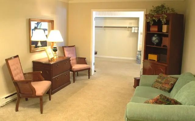 Cozy living room with green sofa, two chairs, lamp, bookshelf, and open closet area