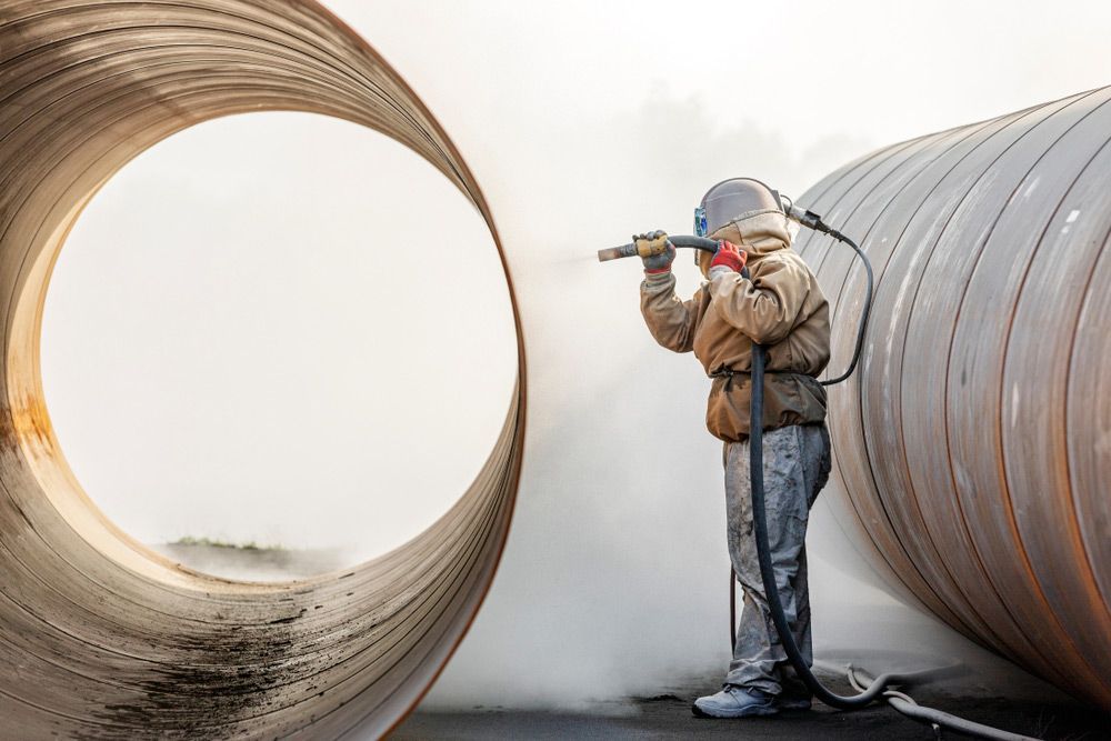 A Man is Sandblasting a Pipe With a Machine — Hastings Valley Powdercoaters in Taree, NSW