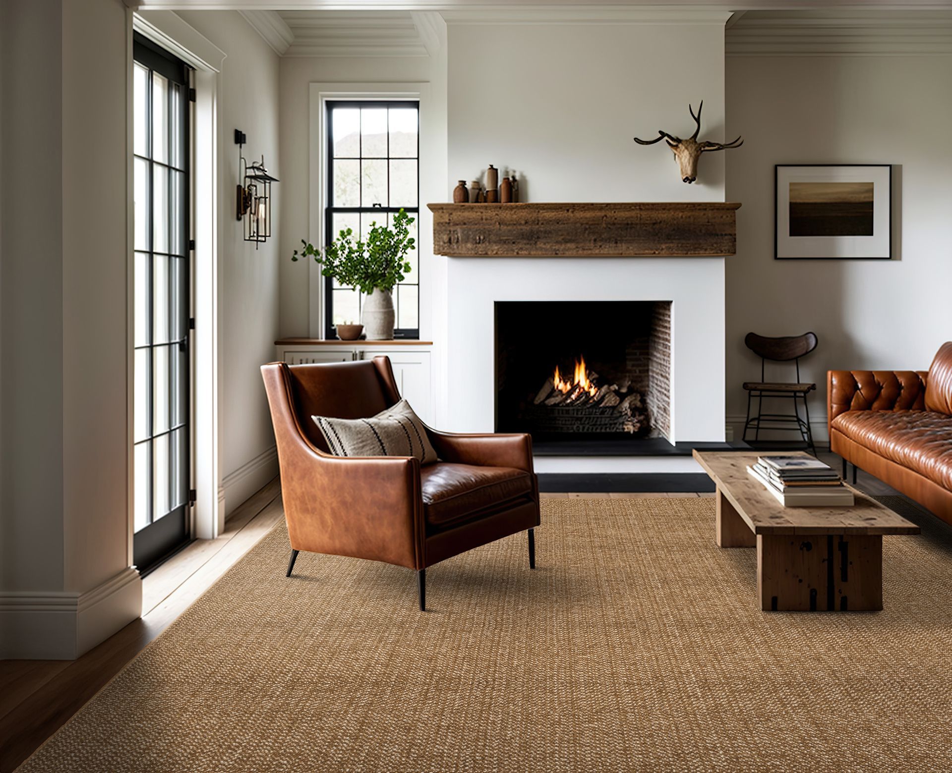 Cozy living room with fireplace, leather chairs, woven rug, wood coffee table, and bright windows