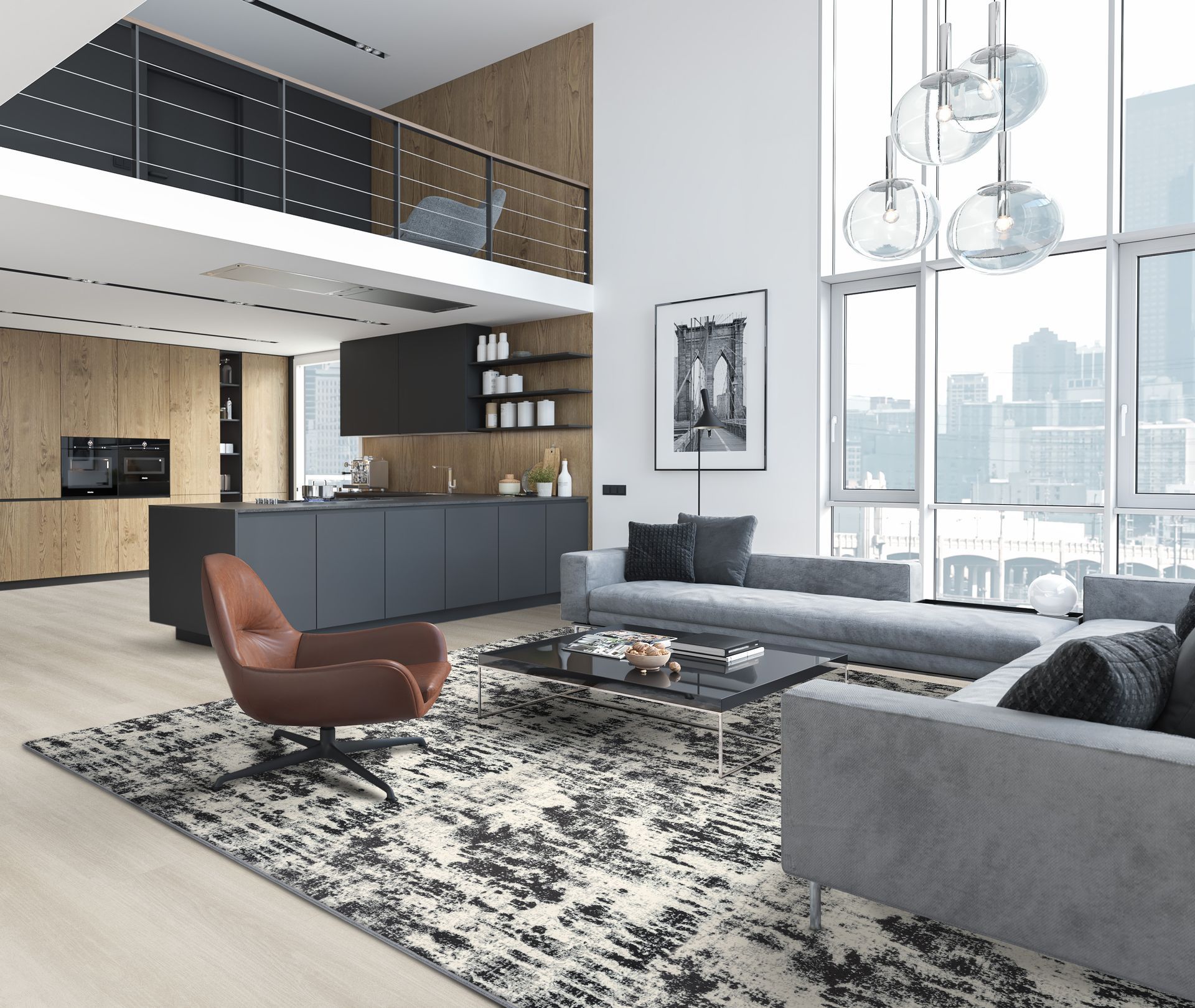 Modern living room with kitchen, a loft, and large windows with a city view.