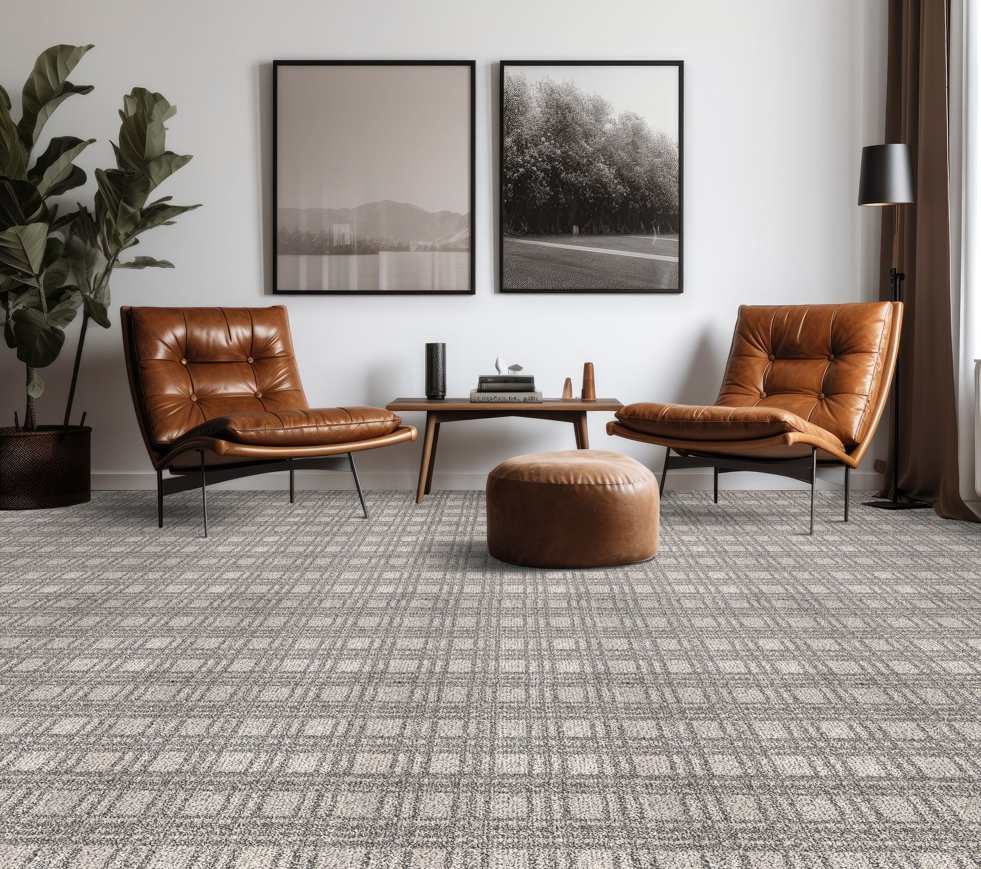 Living room with brown leather chairs, small table, ottoman, artwork, and patterned carpet.