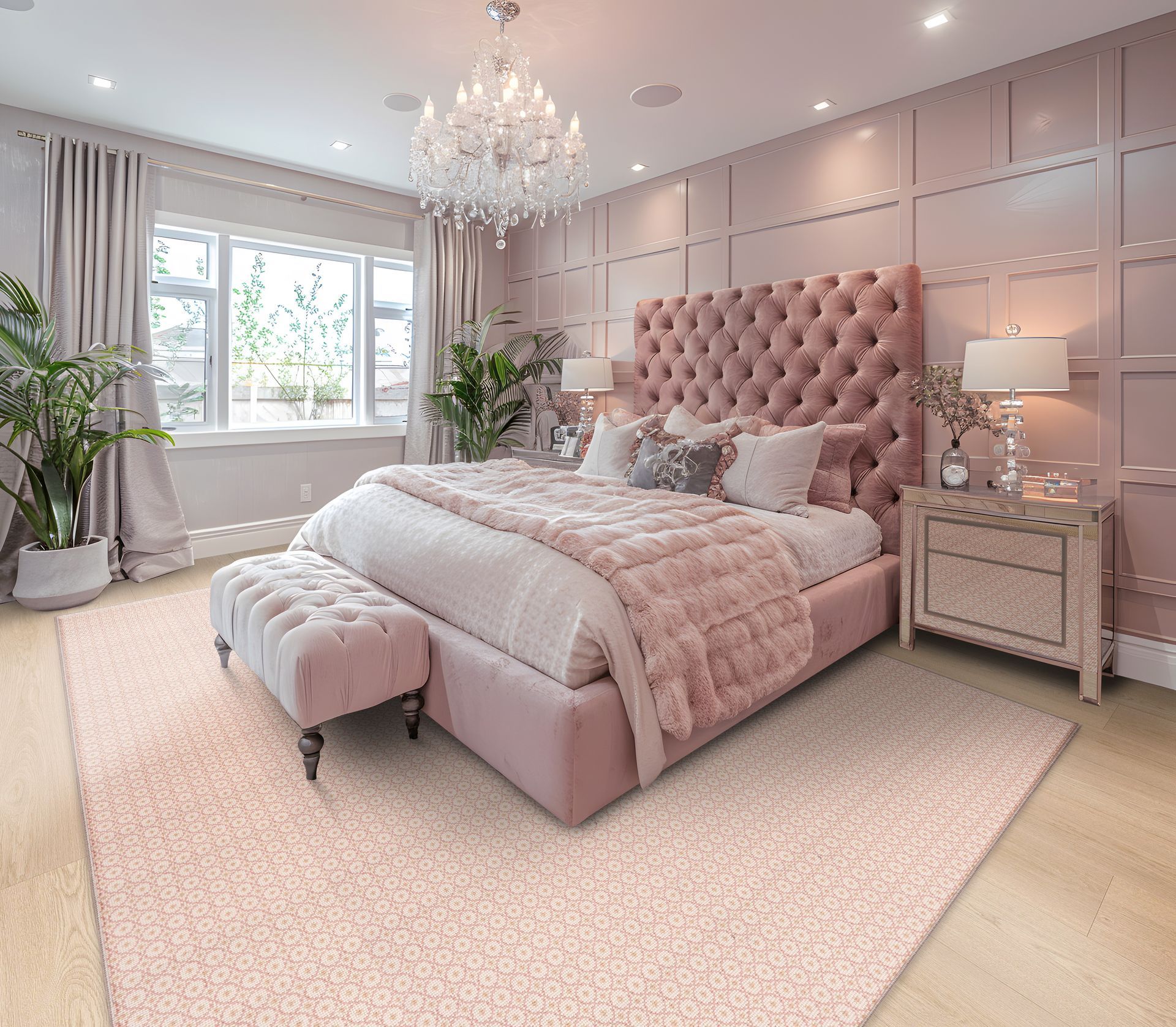 Pink bedroom with tufted headboard, crystal chandelier, rug, and mirrored nightstand.