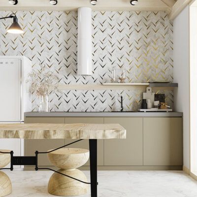 Kitchen with beige cabinets, marble backsplash, and a wooden table.