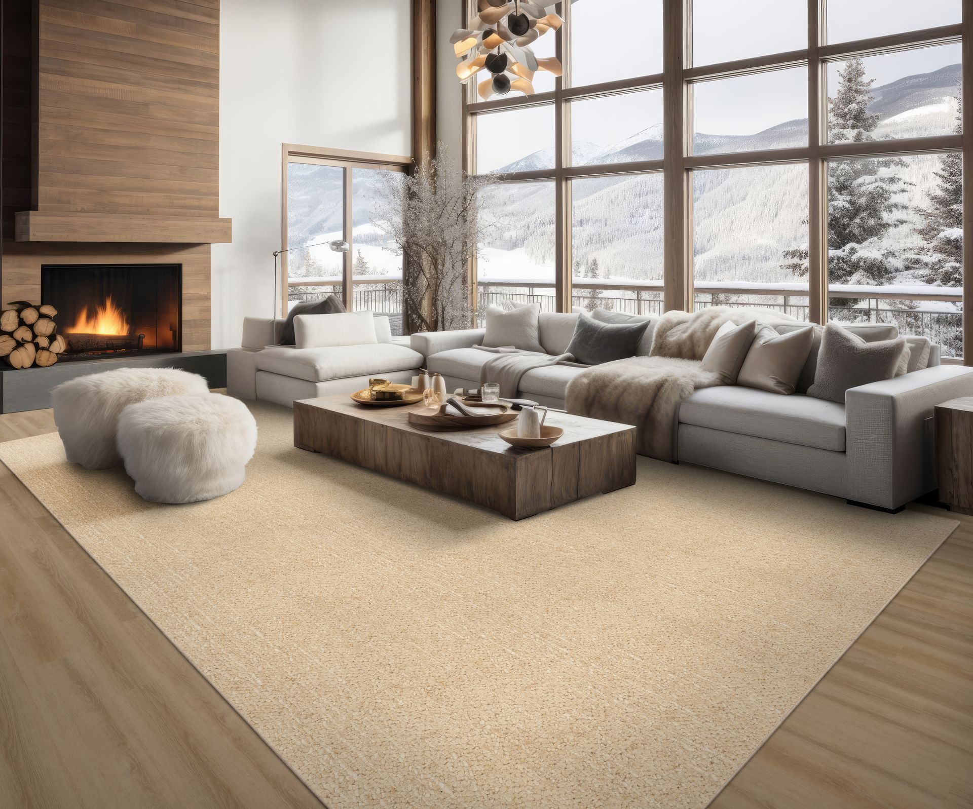 Cozy living room with fireplace, snow-covered mountains outside large windows, beige rug, and comfortable seating.
