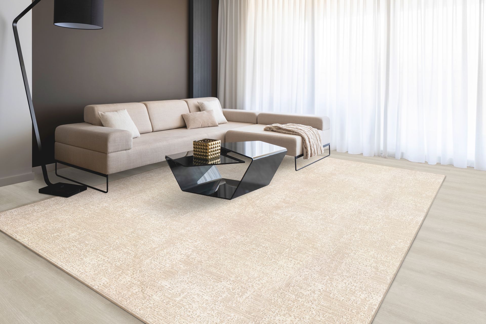 Beige rug in a living room with a sofa, coffee table, and curtains.