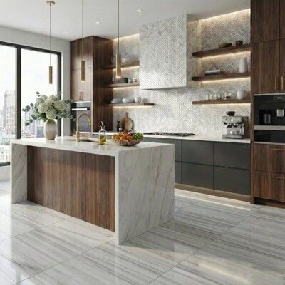 Modern kitchen with marble island, dark wood cabinets, and marble backsplash.