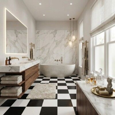 A modern bathroom with a black and white checkered floor, marble walls, a freestanding tub, and a vanity.