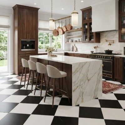 Elegant kitchen with black and white checkered floor, marble island, and dark wood cabinetry.