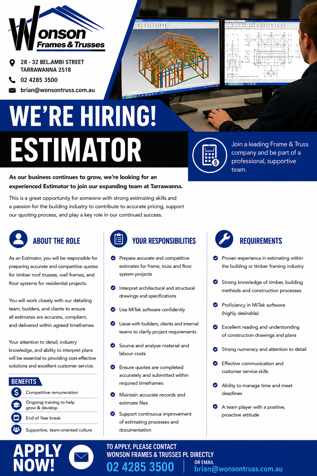 estimator frames and trusses job advertisement wonson frames and trusses
