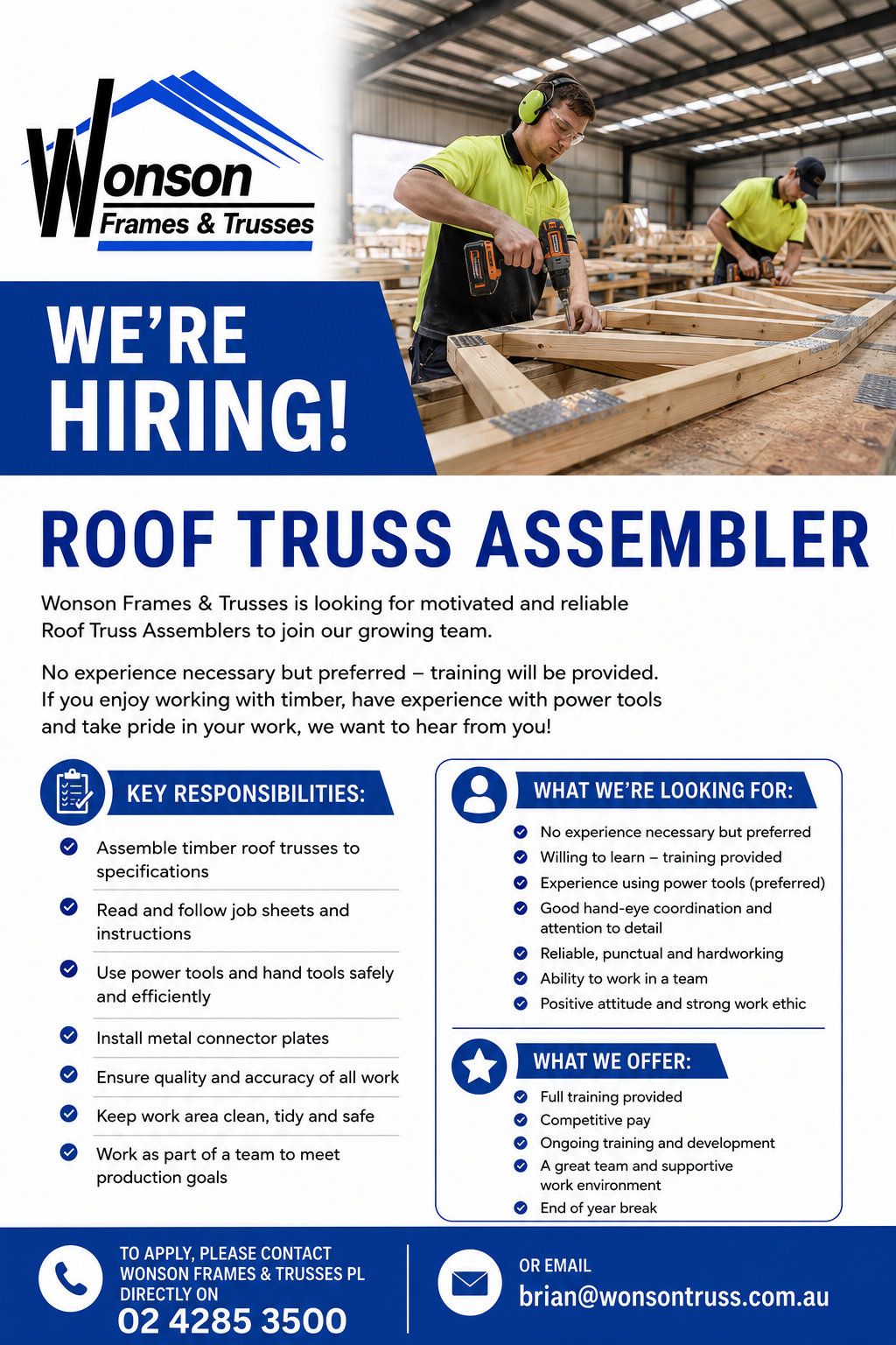 roof truss assembler job advertisement wonson frames and trusses