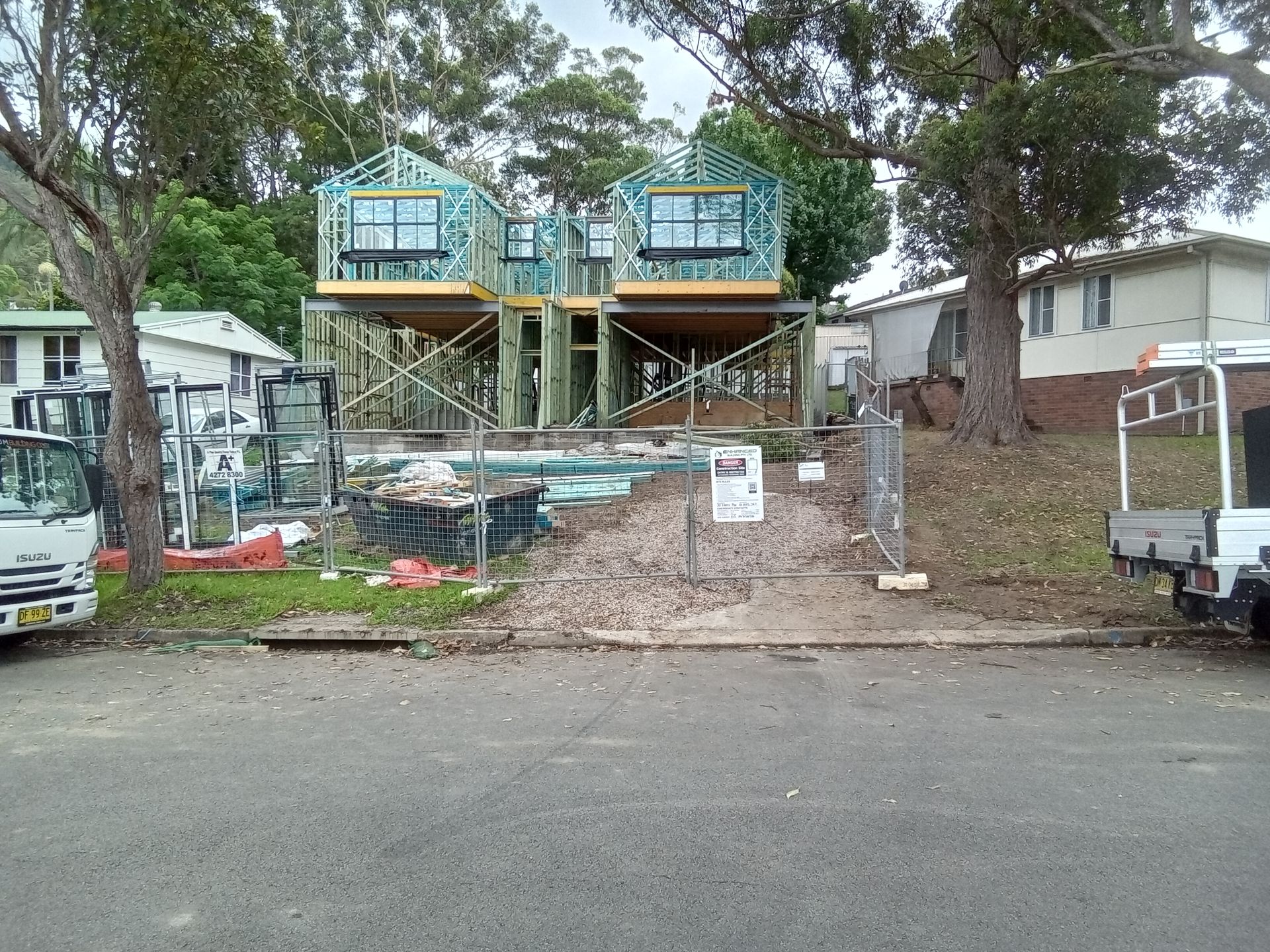 Prefabricated timber wall frames installed for a duplex residential construction project in Balgownie, Illawarra.