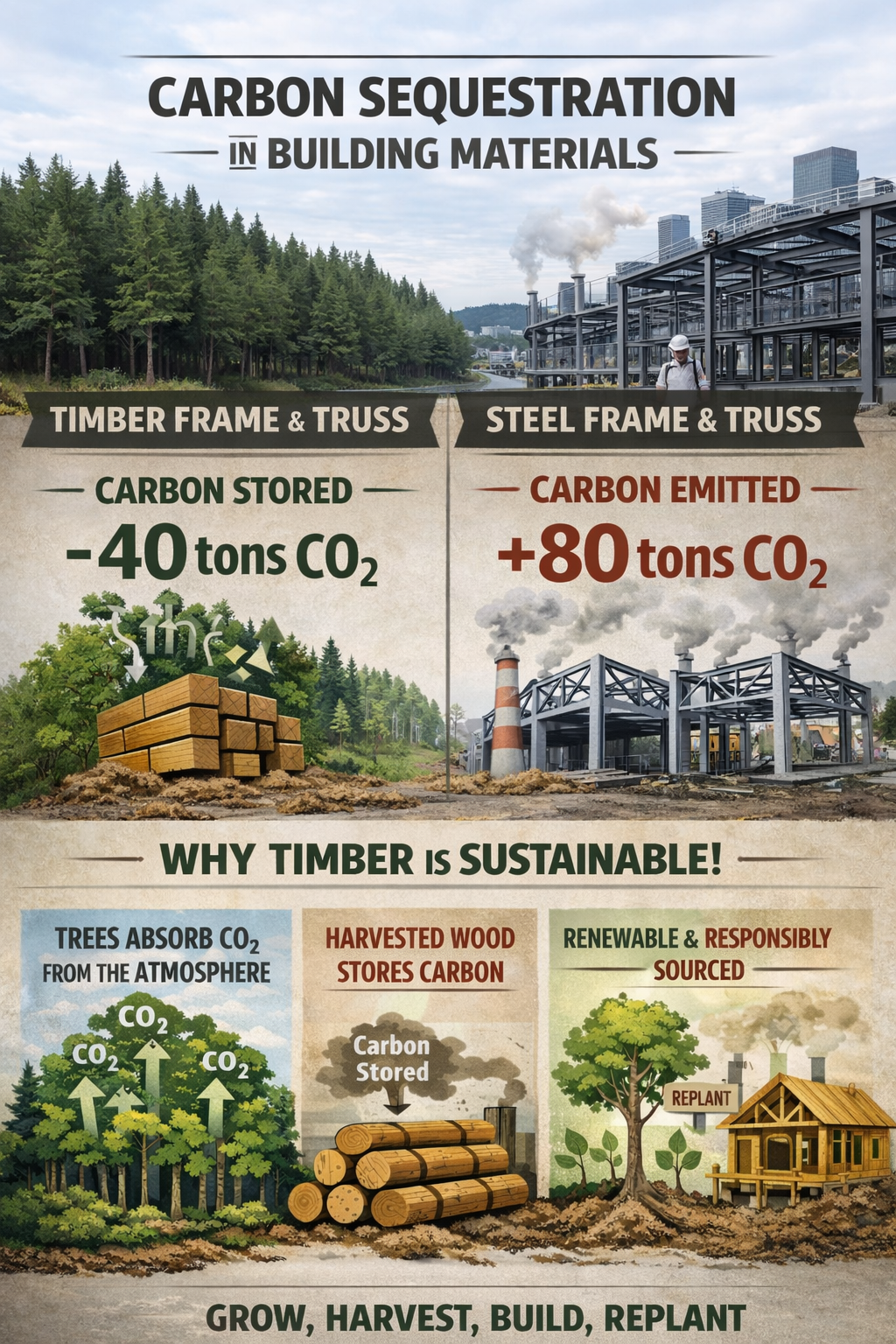 Comparison graphic of timber and steel carbon footprint in construction