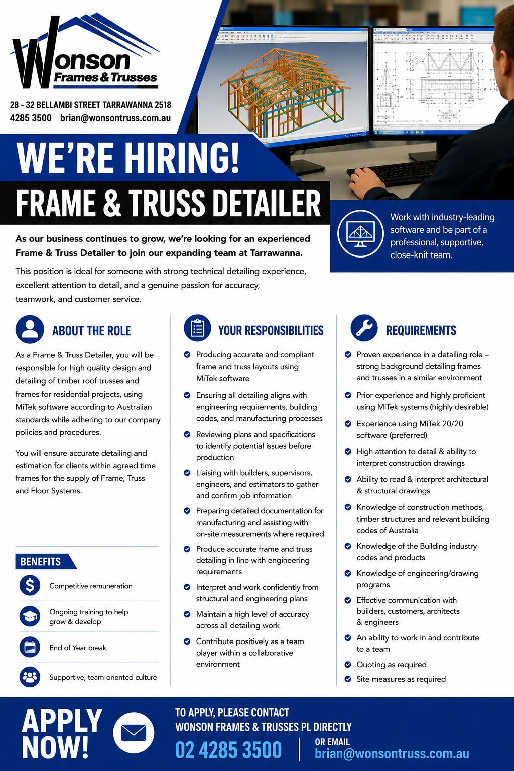 Frame and truss detailer job advertisement for Wonson Frames & Trusses in Tarrawanna NSW