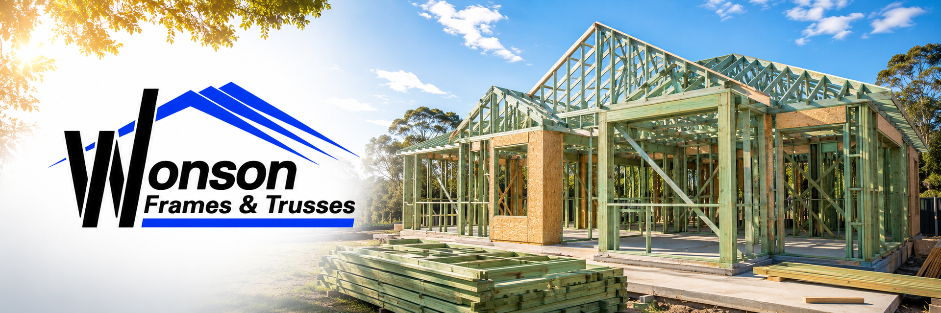 Wonson Frames & Trusses banner showing timber wall frames and roof trusses on a residential construc