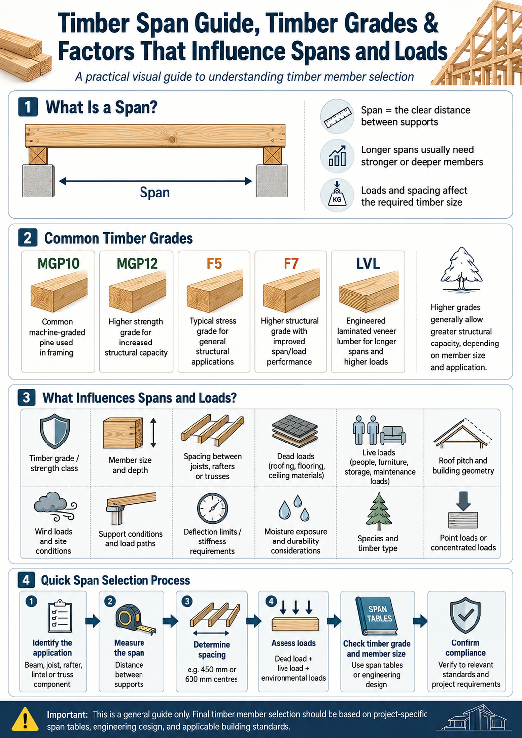 Timber span guide explaining structural design factors such as timber grades, span distances, member sizing, roof loads