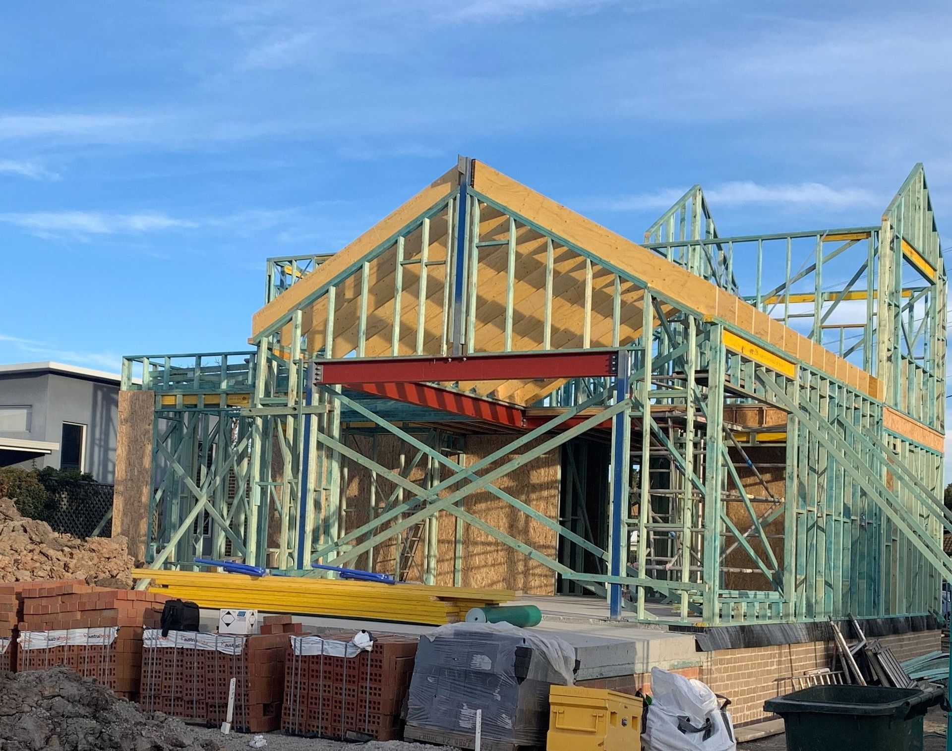 Prefabricated timber wall frames installed during a residential construction project in Towradgi, Illawarra.