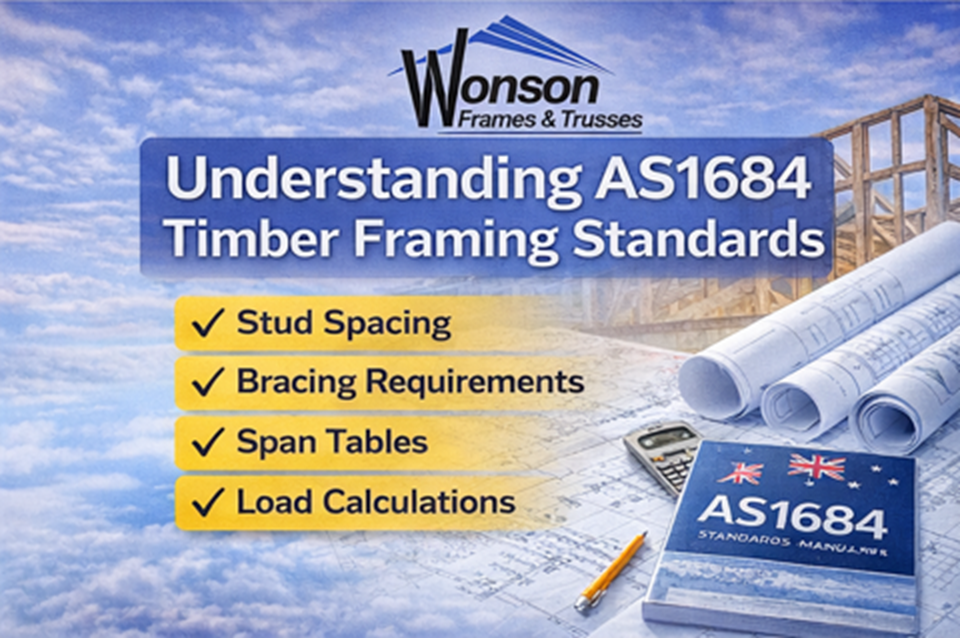 Understanding AS1684 timber framing standards banner showing wall frames, stud spacing, bracing and