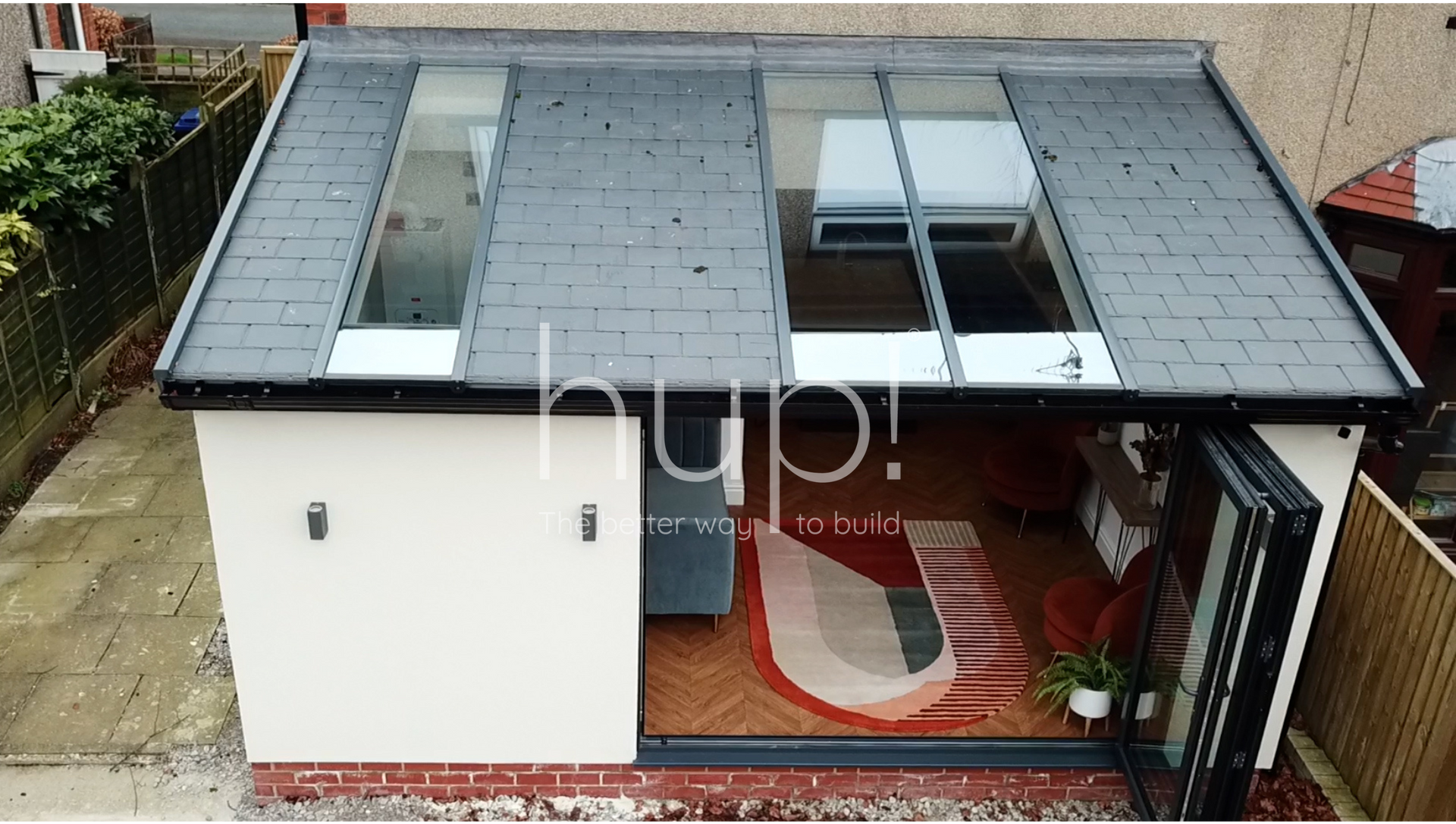 hup! conservatory transformation, rooflights, lean to tiled roof, replacing of old conservatory and bi fold doors