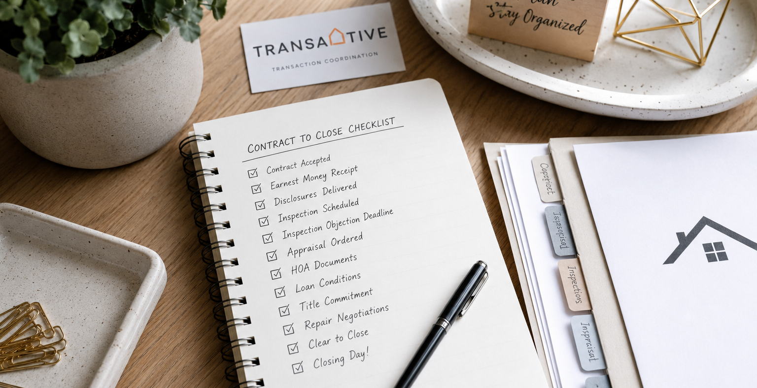 Organized contract-to-close checklist for Colorado real estate transaction coordination