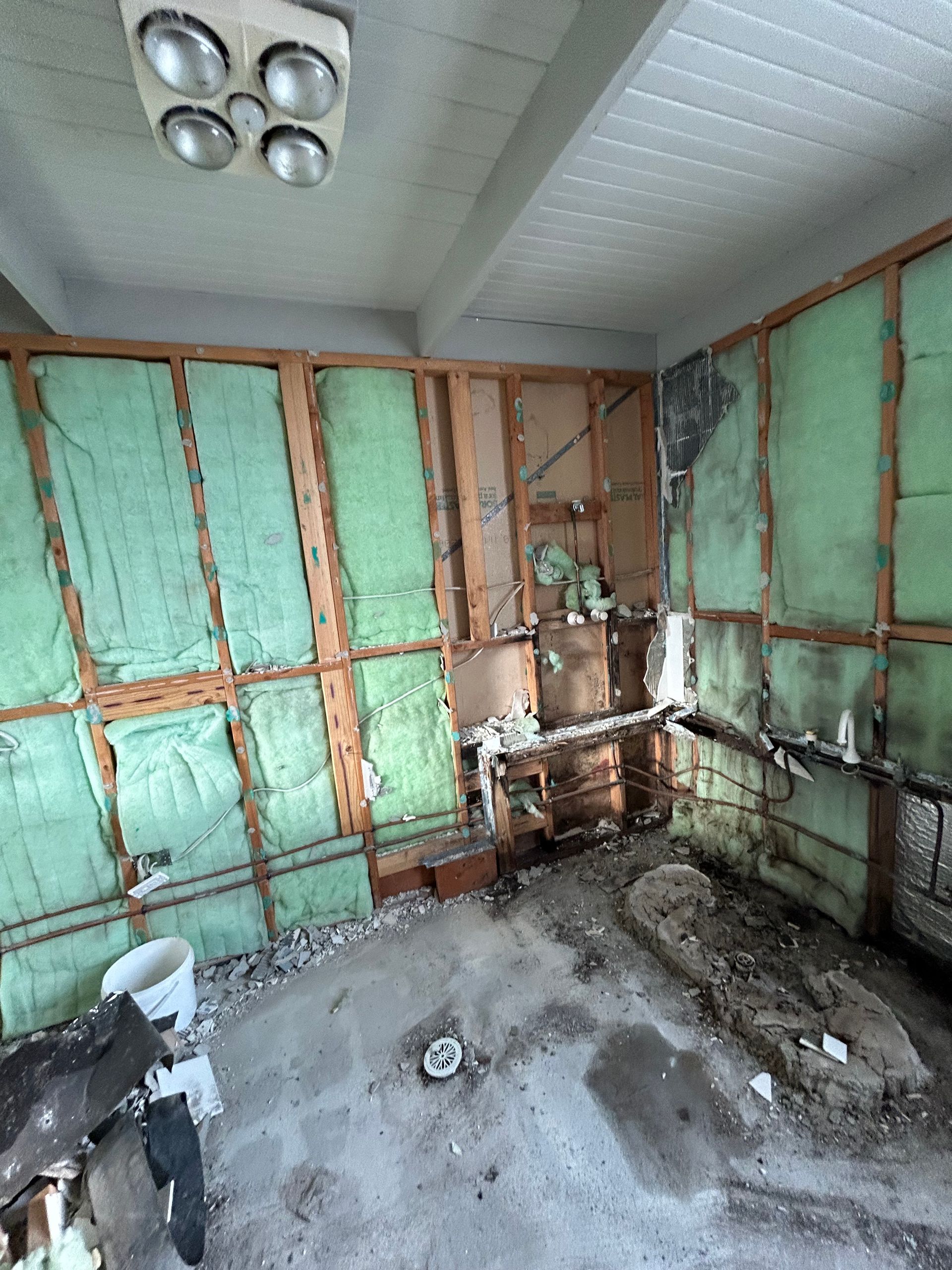 Interior of a gutted room with exposed studs, insulation, and debris. Ceiling light fixture is visible.