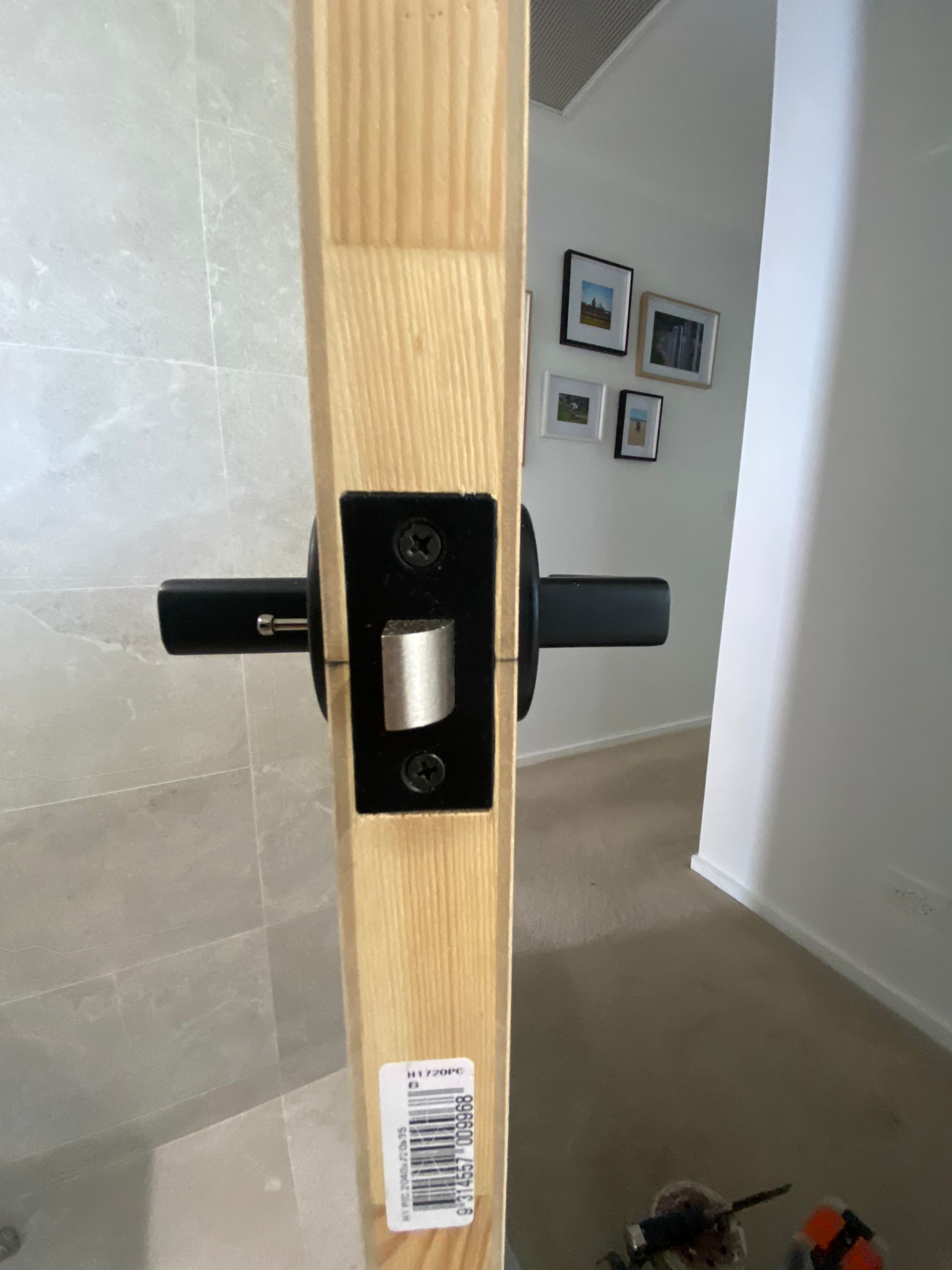 Door with black door handle and lock plate.  Wooden door frame. Interior shot.