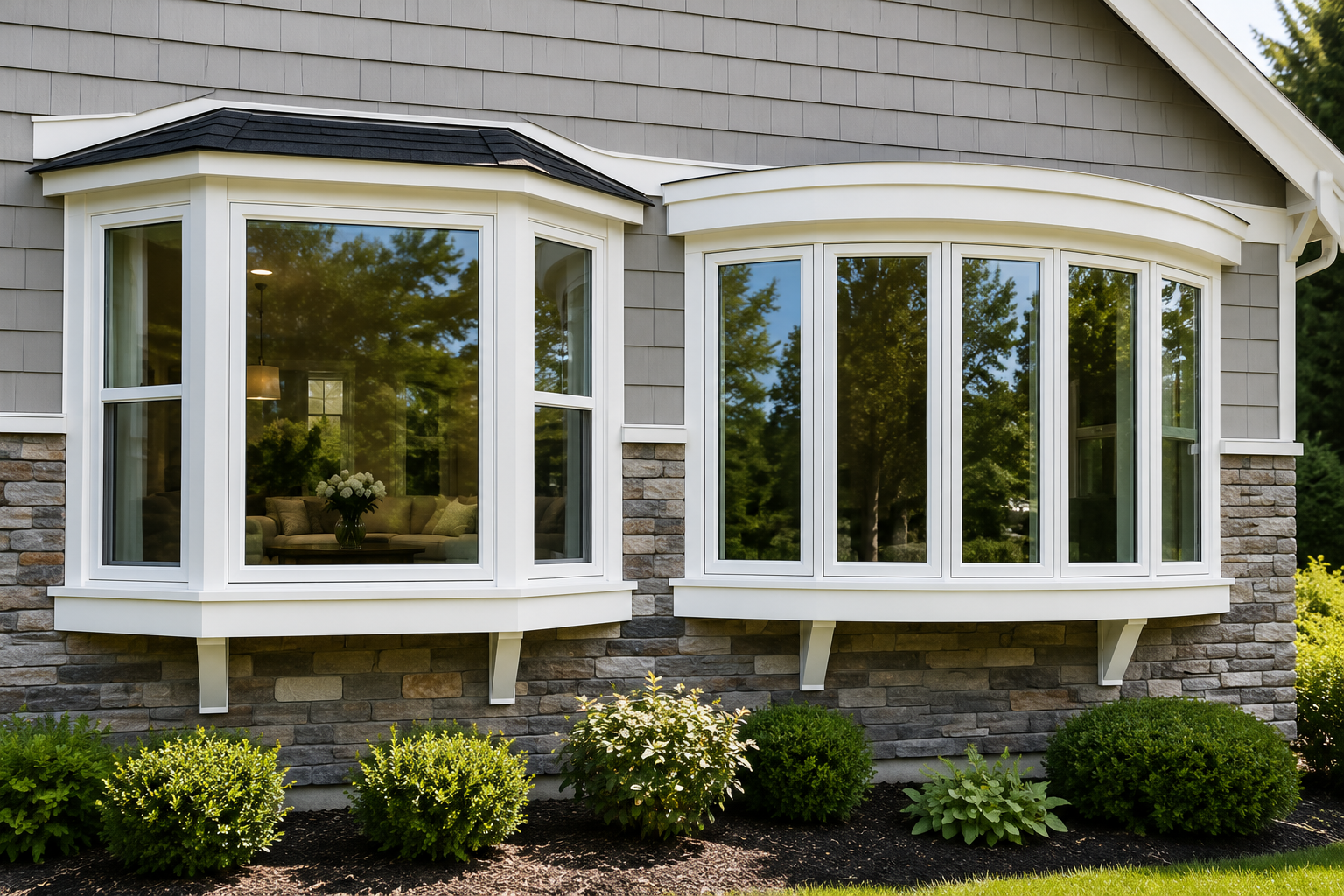 A white bay window with stained glass on a house