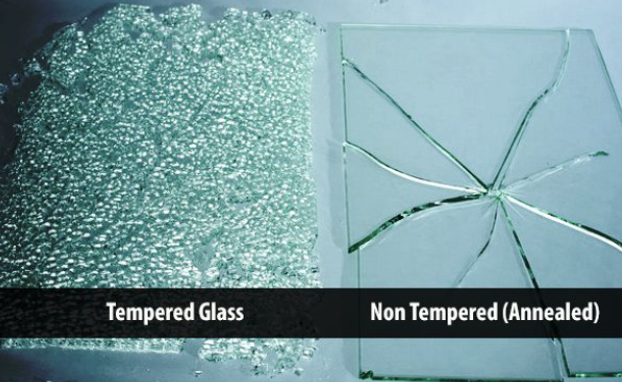 A picture of tempered glass next to a picture of non tempered glass