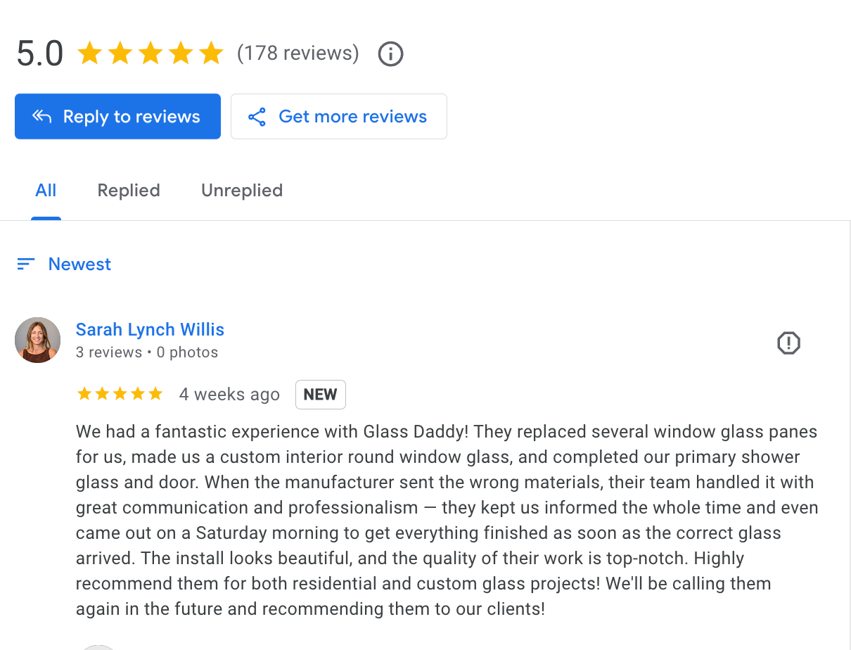 Google review of Glass Daddy Bend Company: 5.0 stars with a customer review.