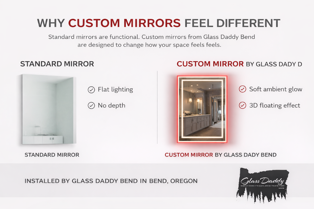 Comparison graphic showing standard mirror vs custom mirror with LED glow and framed design.