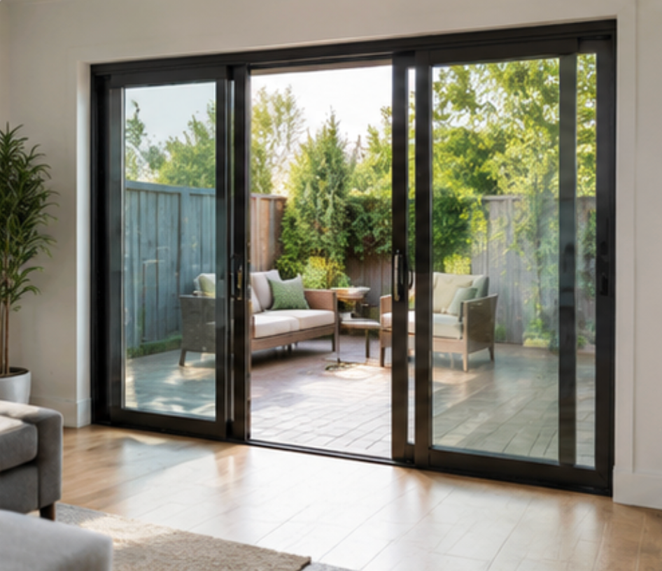 Black-framed sliding glass patio doors opening to a backyard patio in a Bend, Oregon home
