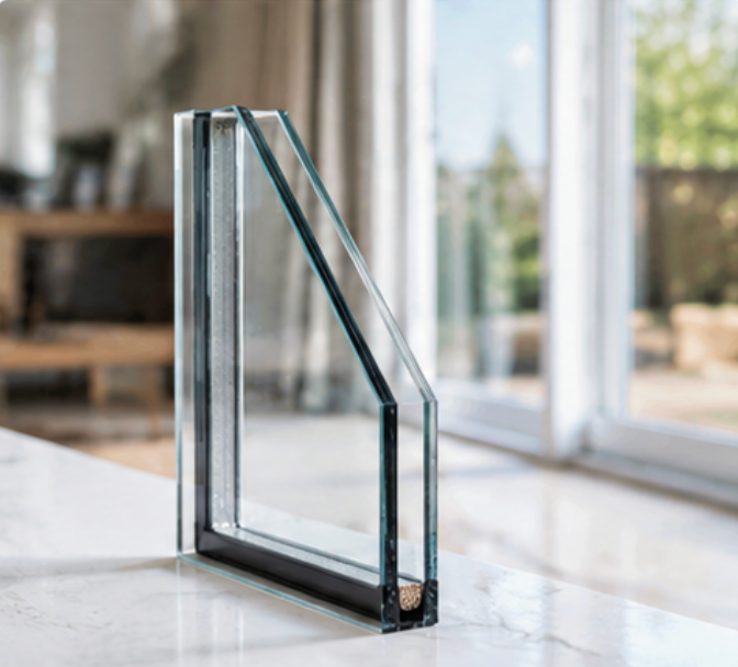 Close-up of energy-efficient insulated double-pane glass edge showing layered window panels
