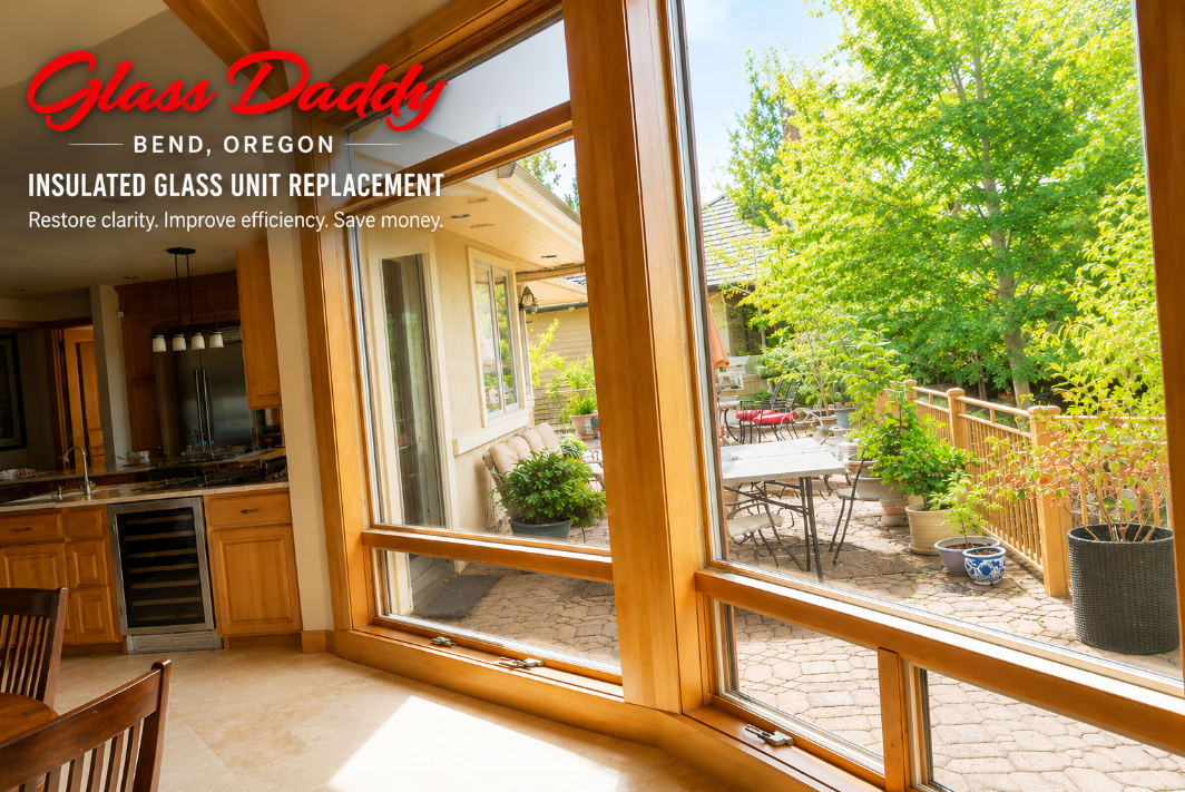 Wood-framed glass lift windows overlooking a sunlit patio and garden, with “Glass Crafters” text overlay