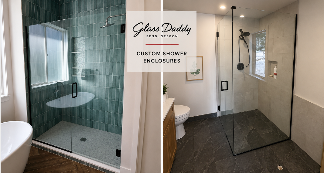 Bathroom shower before-and-after comparison with glass enclosure, vanity, and dark floor mat