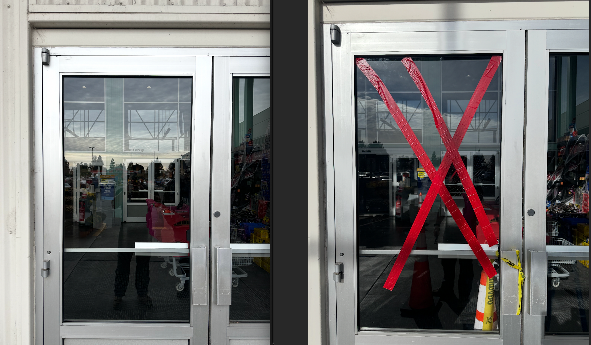 A pair of doors with red tape on them.